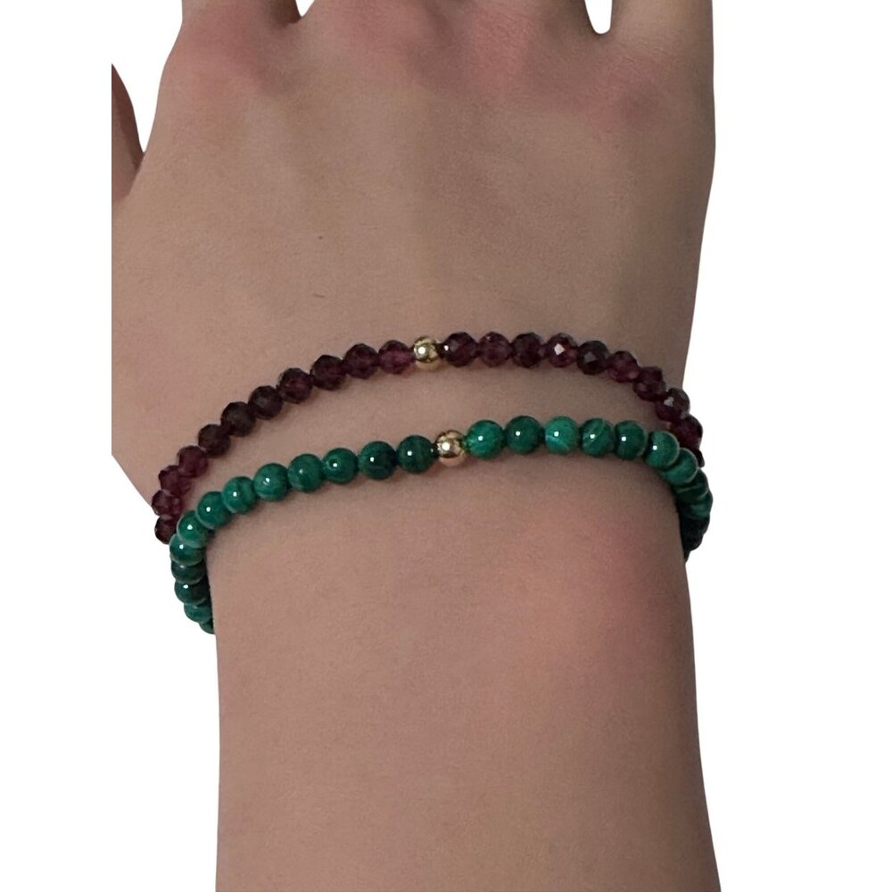 Garnet & Malachite Gemstone Stretch Bracelet with 14K Gold Accent Bead Handmade - Picture 6 of 6